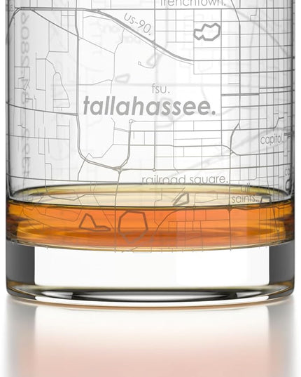 Well Told Engraved Tallahassee Florida Map Rocks Glass, Old Fashioned Glassware (11 oz, Clear) Etched Bourbon Tumbler, Gifts For Whiskey Lovers