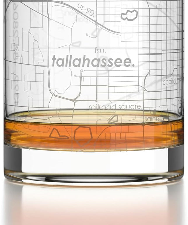Well Told Engraved Tallahassee Florida Map Rocks Glass, Old Fashioned Glassware (11 oz, Clear) Etched Bourbon Tumbler, Gifts For Whiskey Lovers