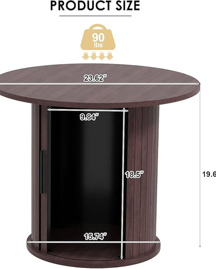 COSVALVE Round Wood Coffee Table 23.6IN with Hidden Storage & Sliding Door, Circle Farmhouse Side Table Sets for Living Room, Bedroom, Balcony, Small Spaces, Walnut