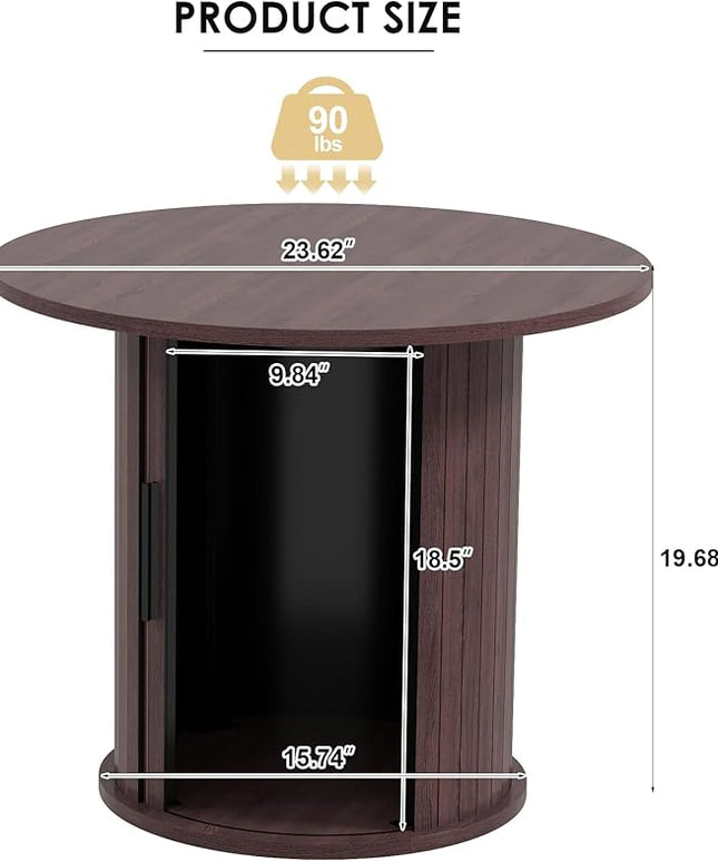 COSVALVE Round Wood Coffee Table 23.6IN with Hidden Storage & Sliding Door, Circle Farmhouse Side Table Sets for Living Room, Bedroom, Balcony, Small Spaces, Walnut