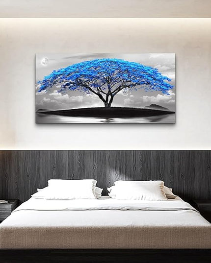 Wapluam Large Canvas Prints Wall Art For Living Room Bedroom Wall Decor Black And White Pictures Blue Tree Landscape Painting To Hang Modern Home Decorations For Office Stretched And Framed Works