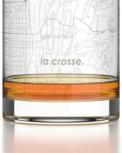 Well Told Engraved La Crosse Wisconsin Map Rocks Glass, Old Fashioned Glassware (11 oz, Clear) Etched Bourbon Tumbler, Gifts For Whiskey Lovers