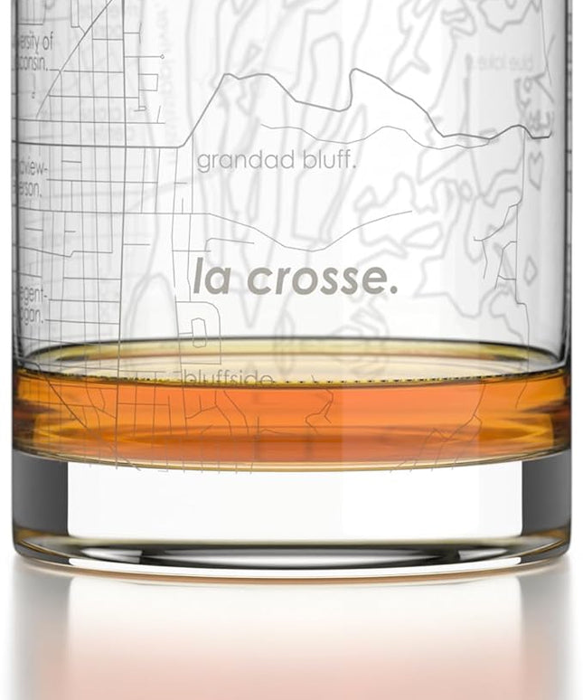 Well Told Engraved La Crosse Wisconsin Map Rocks Glass, Old Fashioned Glassware (11 oz, Clear) Etched Bourbon Tumbler, Gifts For Whiskey Lovers