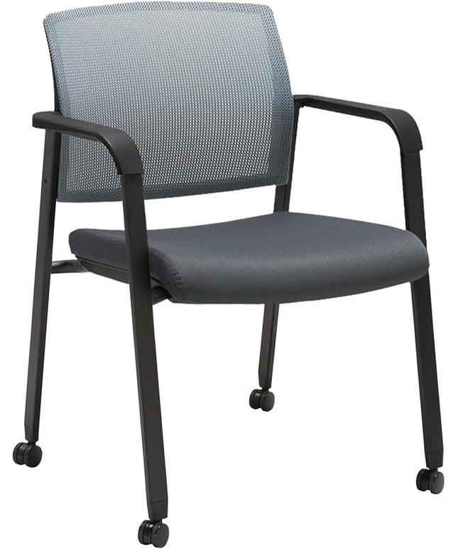 CLATINA Grey Waiting Room Chair with Wheels Mesh Back Stacking Arm Chairs with Upholstered Fabric Seat and Ergonomic Lumbar Support for Office School Church Guest Reception