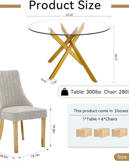 Round Glass Dining Table Set for 4, 47'' Clear Circular Kitchen Table and Chairs Set, 5PCS Modern Circle Dining Room Table Set with 4 Dining Chair for Home