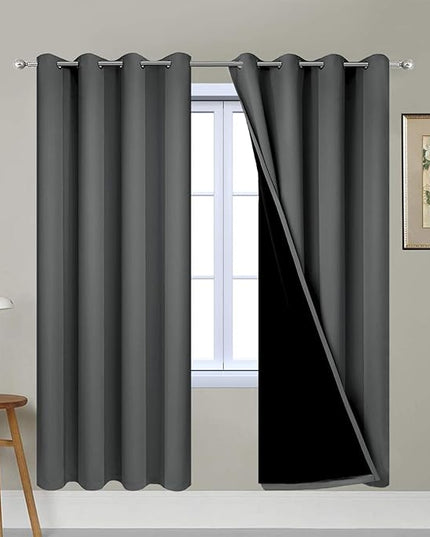 Yakamok 63 Inches Long Dark Gray 100% Blackout Curtains, Noise Reducing Window Drapes,Room Darkening Curtain Panels with Black Liners for Bedroom(Dark Grey, 2 Panels, 52W x 63L)