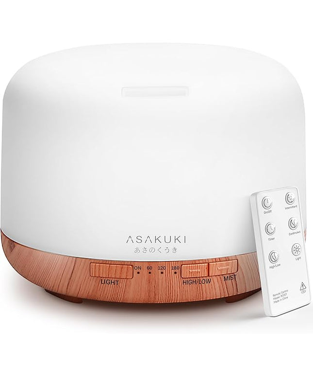 ASAKUKI Essential Oil Diffuser 500ml, Ultrasonic Aromatherapy Humidifier with Remote Control, 7 LED Colors, Timer & Auto-Off, Large Room Diffuser
