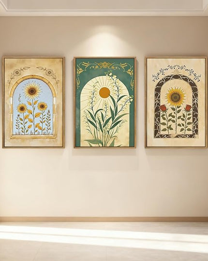 ANHUIB Vintage Boho Spiritual Wall Decor 16x24 Inch Botanical Wall Art Earthy Sunflower Illustration Set of 3 for Living Room Bedroom Office