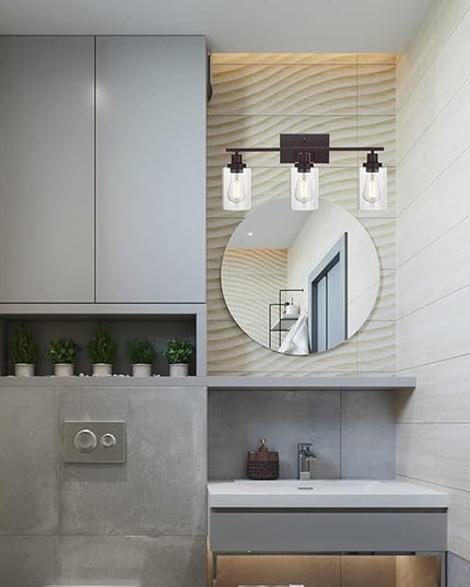 MELUCEE 3 Light Bathroom Vanity Light Oil Rubbed Bronze, Industrial Wall Light Fixture with Clear Glass Shade Sconces for Bedroom Porch Kitchen Living Room (Patent No.: US D963914 S)