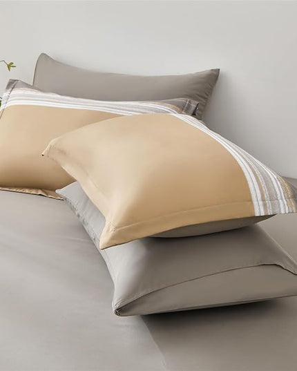 7 Piece Bed in a Bag Stripe Comforter Set Full Size, White Grey Khaki Striped Comforter and Sheet Set, All Season Soft Microfiber Complete Bedding Set(Khaki,Full)