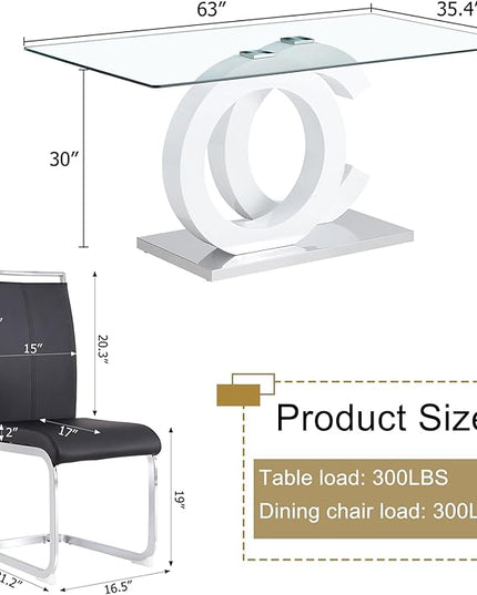 Ebullient Glass Dining Table Set for 4 ，5 Piece Dining Table Set,Tempered Glass Table Top，White Modern Dining Room Table with 4 PU Leather Ergonomic Dining Chairs
