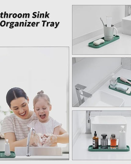 Silicone Kitchen Sink Organizer Tray for Multiple Usage,Eco-Friendly Sponges Holder for Kitchen Bathroom Counter or Sink,Dish Soap Dispenser,Scrubber,Bottle,Cup (Green, 12"×4")