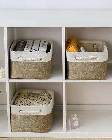 TheWarmHome Storage Basket for Organizing - 14x10x7 inch Medium 3 Pack Collapsible Storage Bin for Shelves with Handles, Canves Storage Box for Organizer Cubes Cloth Gift Toy Closet (White & Khaki)