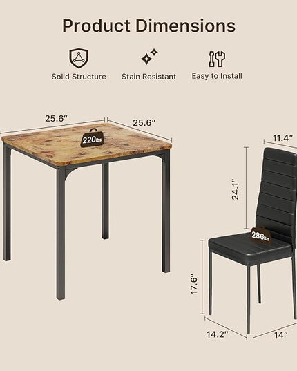 Gizoon Kitchen Table for 2, Table and Chairs Set of 2, 3 Piece Dinner Table Set with 2 Upholstered PU Leather Chairs for Dining Room, Living Room, Apartment, Small Space, Retro