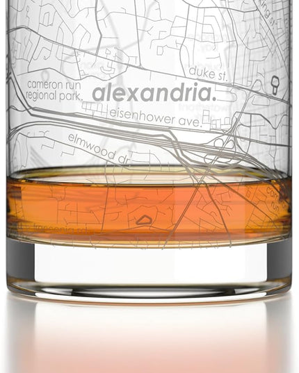Well Told Engraved Alexandria Virginia Map Rocks Glass, Old Fashioned Glassware (11 oz, Clear) Etched Bourbon Tumbler, Gifts For Whiskey Lovers