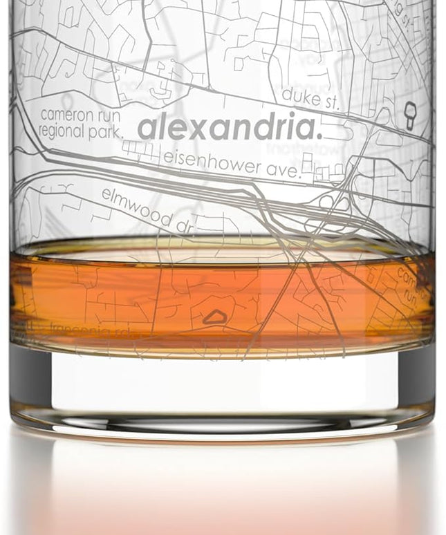 Well Told Engraved Alexandria Virginia Map Rocks Glass, Old Fashioned Glassware (11 oz, Clear) Etched Bourbon Tumbler, Gifts For Whiskey Lovers