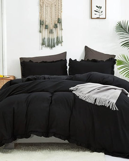 CLOTHKNOW Black Ruffles California King Comforter Set Farmhouse Bedding Comforter Sets Boho Comforter Shabby Chic Comforter with 2 x Pillow Cases