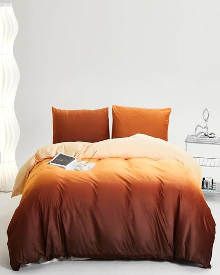 CLOTHKNOW Dark Orange Fluffy Full Comforter Set 3Pcs Velvet Bedding Comforter Sets Yellow Beige Comforters Soft Caramel Comforter with 2 x Pillowcases