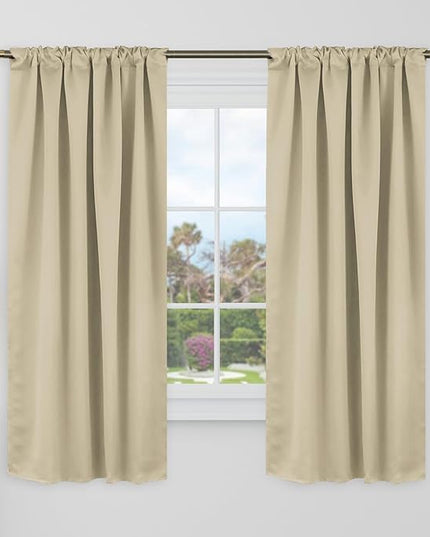 BGment Thermal Insulated Blackout Curtains 60 Inches Long for Bedroom - 34 x 60 inch Beige Curtains Room Darkening Rod Pocket and Back Tab Curtains for Kids Room, 2 Window Panels Set, Beige