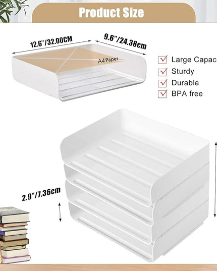 4 Tier Desk Organizer, Stackable Paper Tray Organizer for Document, Letter, A4 File Paper, Desk Accessories, Notes, Pens (White, 4 Pack)