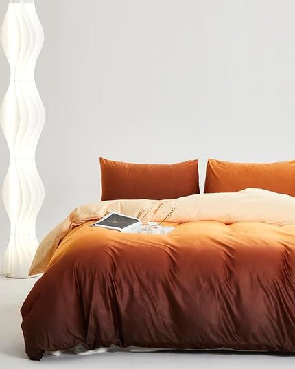 CLOTHKNOW Dark Orange Fluffy Full Comforter Set 3Pcs Velvet Bedding Comforter Sets Yellow Beige Comforters Soft Caramel Comforter with 2 x Pillowcases