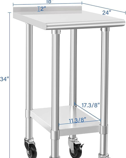 HARDURA Stainless Steel Commercial Work Table with Wheels Prep & Work Metal Table 24×18 Inches Heavy Duty NSF with Casters and 2" Backsplash
