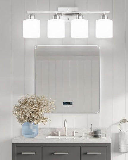 4 Light Bathroom Light Fixtures, Brushed Nickel Vanity Lights for Bathroom with Milky White Frosted Glass Shade, Wall Lights for Mirror Bedroom Living Room E26 Base