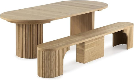 Transformer Table - Solid Wood Extendable Round Dining Table Set with Bench, Extendable Round Dining Set, Seats 4-10, Seat with Hidden Panel Storage, Scandinavian Oak, Natural Finish (Table + Bench)