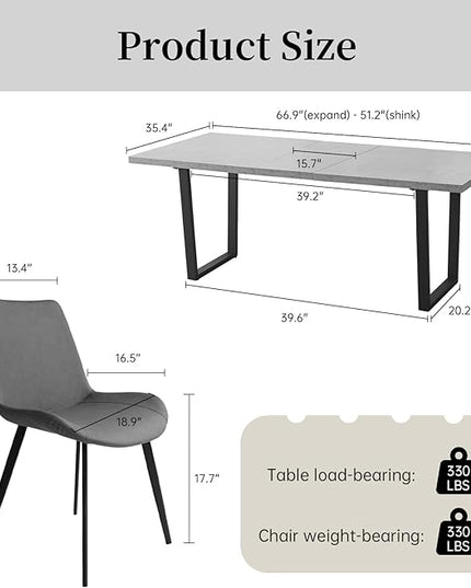ZckyCine Extendable Dining Table Set for 6-8 People with 6 Upholstered Chairs Expandable Wood Kitchen Table 51"-67" (130-170cm) | Space-Saving Home & Dining Room Furniture Set