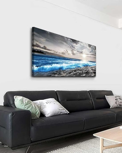 Hyidecorart Framed Canvas Wall Art - Large Size Decor for Office, Living Room, Bedroom - Blue Ocean, Black & White Modern Pictures