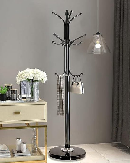 Kertnic Metal Coat Rack Stand with Natural Marble Base, Free Standing Hall Tree with 12 Hooks for Hanging Scarf, Bag, Jacket, Home Entry-way Hat Hanger Organizer (Black)