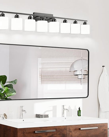 8 Light Black Bathroom Light Fixtures Over Mirror for Big Mirror, Modern Bathroom Lighting with Milky White Frosted Glass Shades,51 inch Lights for Vanity for Mirrors, E26