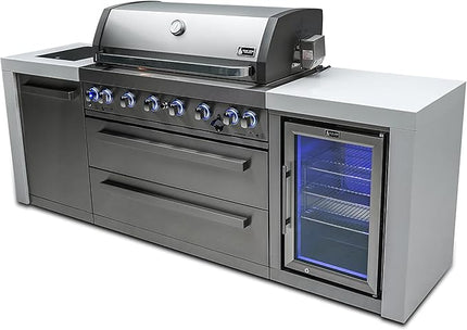 Mont Alpi 805 MAi805-DFC 115000 BTU Stainless Steel Deluxe Modular Outdoor Kitchen Island BBQ Grill with Fridge Cabinet + Infrared Rear & Side Burner + Granite Countertops + Rotisserie Kit & Cover