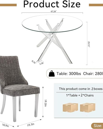 Round Glass Dining Table Set for 2, 47'' Clear Circular Kitchen Table and Chairs Set, 3PCS Modern Circle Dining Room Table Set with 2 Dining Chair for Home