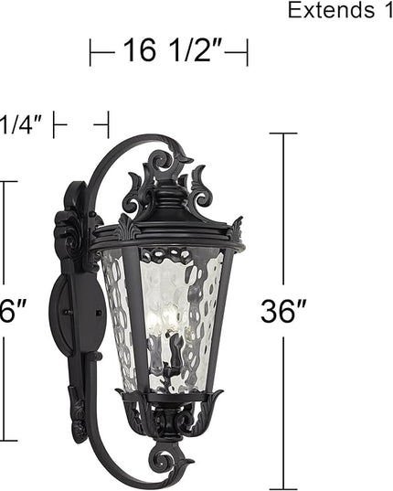 John Timberland Marseille Vintage Large Outdoor Wall Light Fixture Textured Black Scroll 36" Clear Hammered Glass for Exterior House Porch Patio Outside Deck Garage Yard Front Door Garden Home