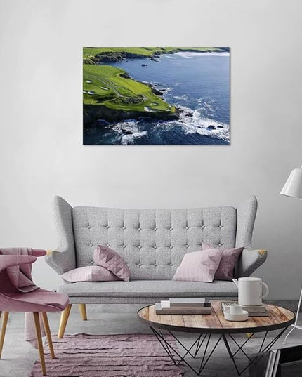 Pebble Beach Golf Course Canvas Wall Art for Living Room Bedroom Bathrooom Home Decorations California Coastal Golf Course Picture Poster Framed Artwork Ready to Hang(12''H x 16''W)