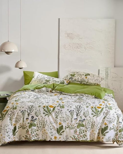 Houseri Green Floral Comforter Set Queen Yellow Small Flowers Botanical Bedding Sets Queen Teen Girls Women Rustic Green Leaves Boho Comforter Queen Size Farmhouse Bed Comforter Blanket Quilt Queen