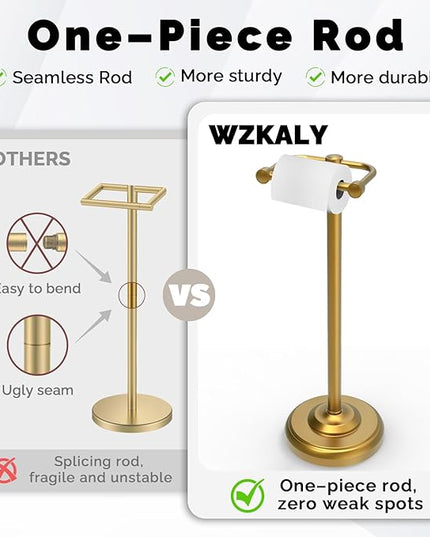 Toilet Paper Holder Stand, Brushed Brass Toilet Paper Holder Free Standing, Post Pivoting Design & Stable Weighted Base SUS304 Stainless Steel for Bathroom(Mega Roll)