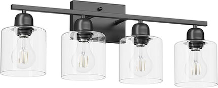 Modern 4 Light Bathroom Light Fixtures, 24 inch Black Vanity Lights for Bathroom with Clear Glass, Bathroom Vanity Light for Mirror Kitchen Living Room Hallway Cabinet Porch