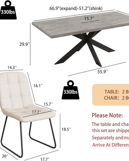 ZckyCine 6-8 Person Modern Rectangular Dining Table Set with 6 Chairs, Expandable Kitchen Table (51 to 63 Inches), Space-Saving Design, Metal Frame, Gray Tabletop & White PU Leather Chairs