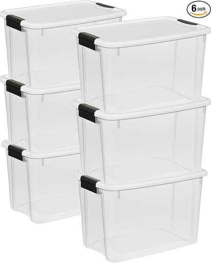 Sterilite 6-Pack Ultra Latching Box, Storage Bins with Lids, Clear Plastic, 30 Quart - Heavy-Duty Organizing Containers for Closet, Bathroom, and Office