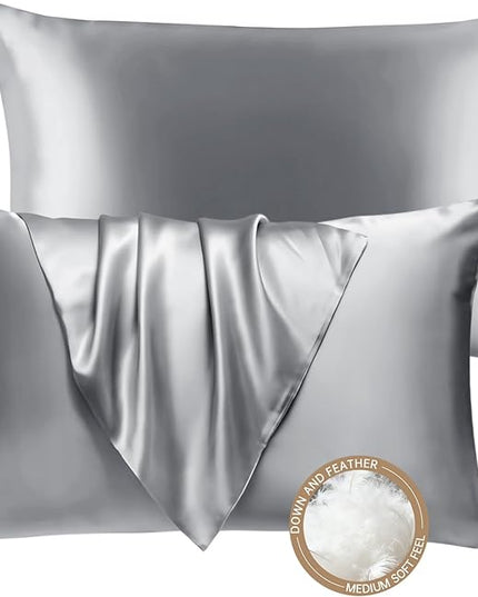 BHZ Grey Satin Goose Down Feather Pillows Queen Size Set of 2 with Satin Pillowcase for Hair and Skin, Cooling Pillow Cases Similar to Silk Pillow Cases, Decorative for Women, Mom Men