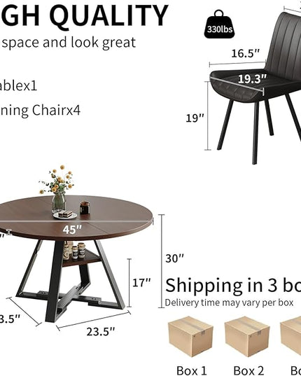 Walnut Round Dining Table Set for 4, Mid-Century Modern Kitchen Table and Chairs, Small Space Dining Room Furniture for Apartment, Breakfast Nook or Studio (Walnut wood-Storage Table+4 Black Chairs)