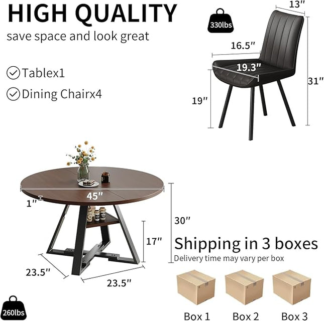 Walnut Round Dining Table Set for 4, Mid-Century Modern Kitchen Table and Chairs, Small Space Dining Room Furniture for Apartment, Breakfast Nook or Studio (Walnut wood-Storage Table+4 Black Chairs)
