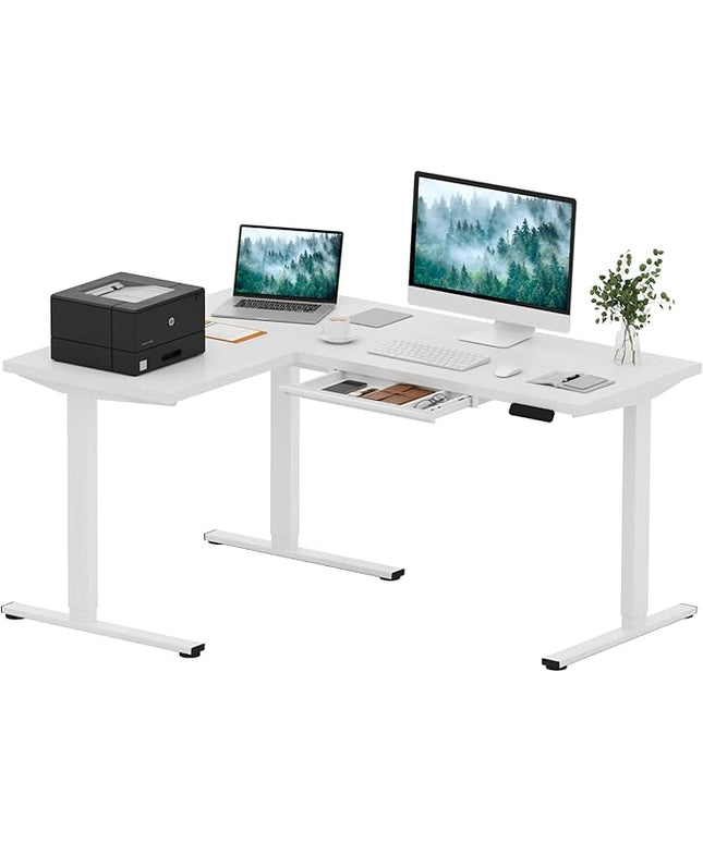 SANODESK L Shaped Electric Standing Desk with Drawer, 63 Inch Ergonomic Adjustable Height Desk with Storage, Corner Desk Sit Stand up Computer Table for Work Office Home, White