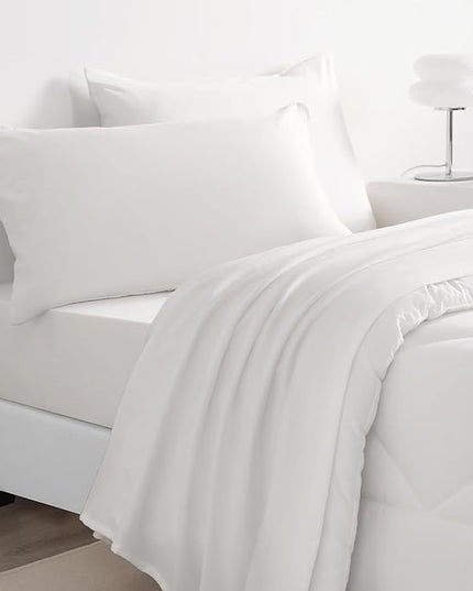 NTBAY Twin Comforter Set with Sheets, 5 Pieces Soft and Breathable Twin Bedding Set, Twin Bed in a Bag, Down Alternative Comforter Set Solid Color All Season, Kids Bedding Set, White