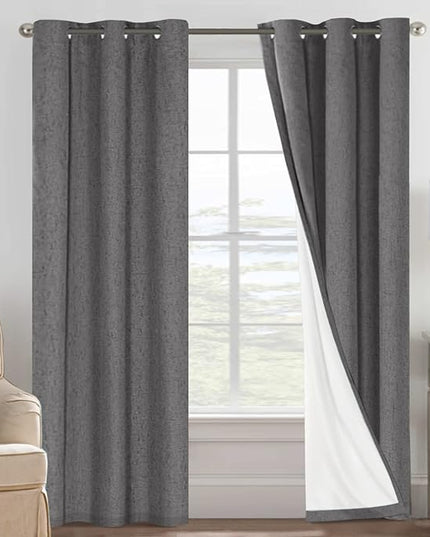H.VERSAILTEX Primitive Linen Curtains 100% Blackout Curtain Drapes Burlap Fabric Curtains with White Thermal Insulated Liner, Grommet Top Drapes Living Room/Bedroom (2 Panels, 42 x 84 Inch, Grey)