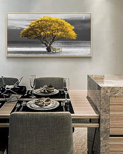 Framed Canvas Wall Art For Living Room Large Wall Decor For Bedroom Black And White Wall Painting Office Decoration Boho Home Decor Yellow Trees Scenery Pictures Artwork Natural Wood Framed