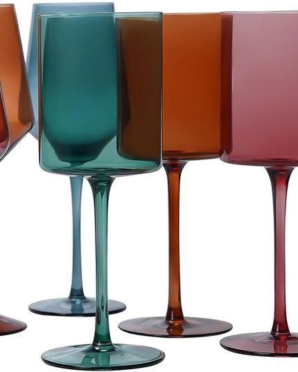 Colored Wine Glasses Set of 4-16oz Cylindrical All Purpose Wine Glass, Crystal Wine Glass Set in Gift Packaging, Great Gift for Wedding, Anniversary, Christmas, Birthday, 9’’ Tall, Long Stem