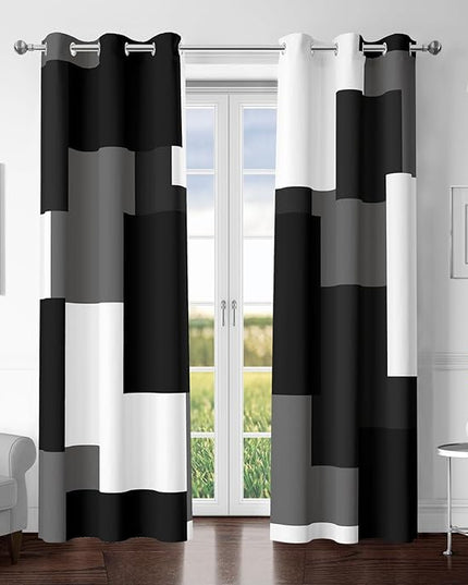 Black Grey 100% Blackout Curtains for Bedroom 96 inch Length 2 Panels Set White Grey Modern Abstract Geometric Black Out Curtains Insulated Room Darkening Window Drapes for Living Room, 42Wx96L